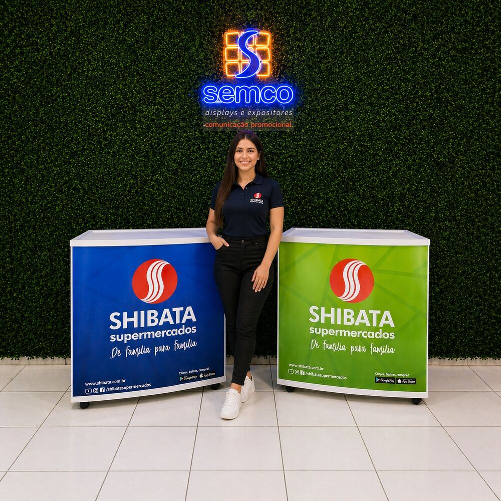 Balcão promocional personalizado Shibata Supermercados — varejo alimentar